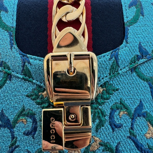 LIMITED EDITION GUCCI Iridescent Brocade Mini Sylvie Top Handle Bag Azure - Picture 3 of 6